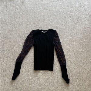 Veronica Beard Black Top with Patterned Sheer Sleeves